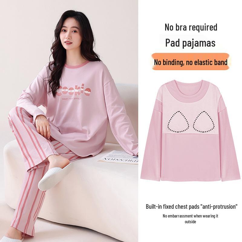 Women's Double-Sided Cotton Pajama Set with Chest Pads - Round Neck, Long Sleeve, Long Pants Pullover Style