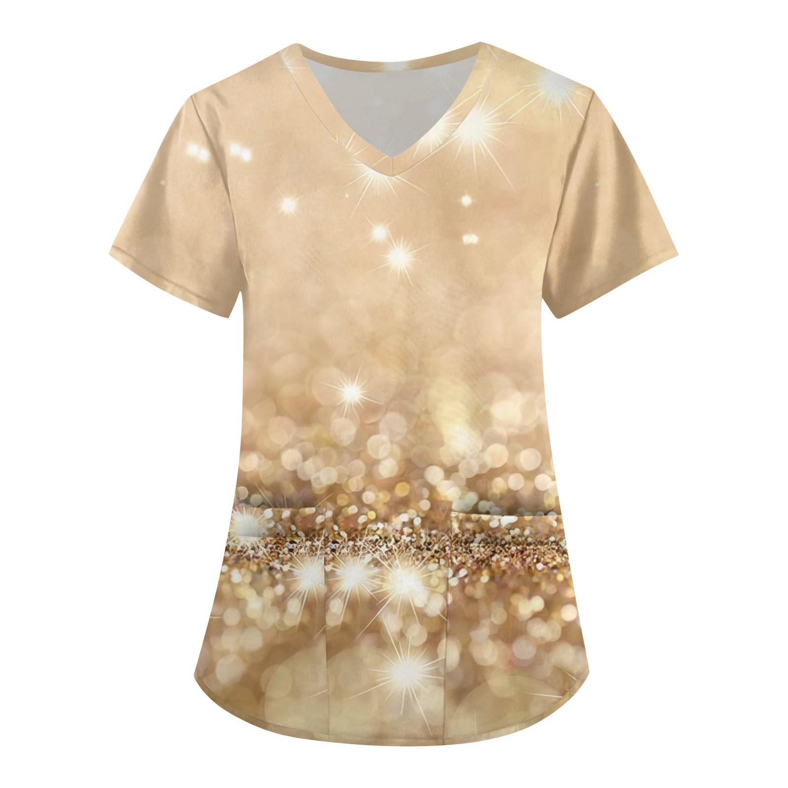 

Короткий рукав для женщин мода V-образный вырез ретро принт талия завернутый топ футболка L золотой