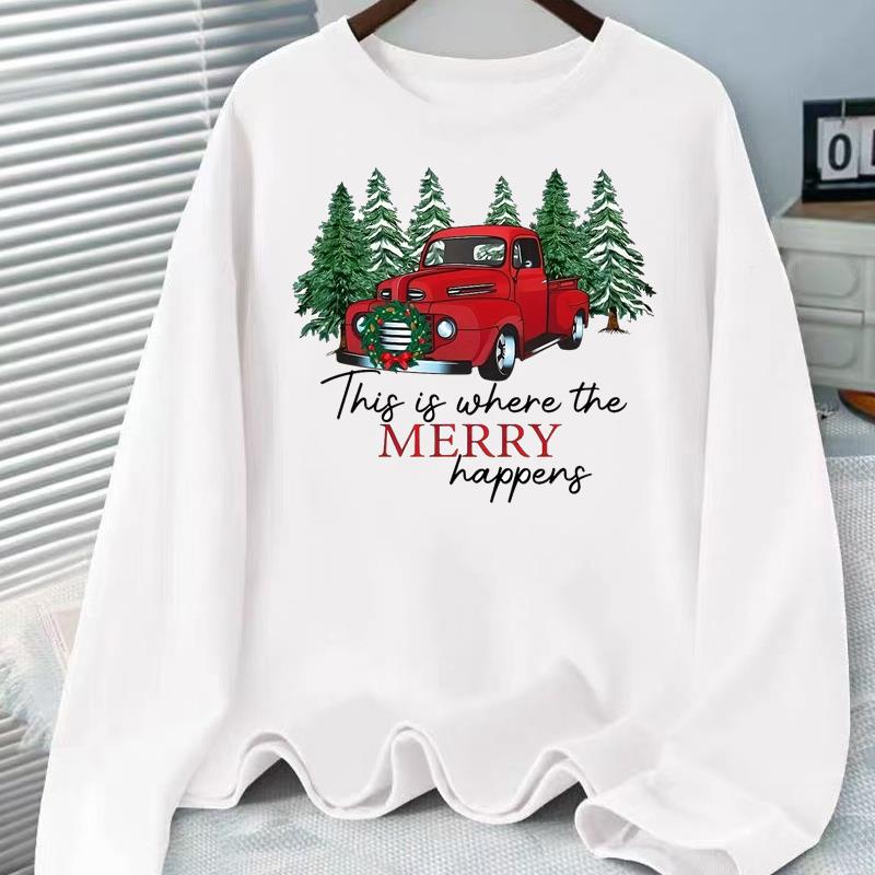 (Asian Size) lovely letter style Christmas holiday Graphic Tee Women autumn winter Casual Fashion Top Clothing Print T Shirt Long Sleeve T-shirts