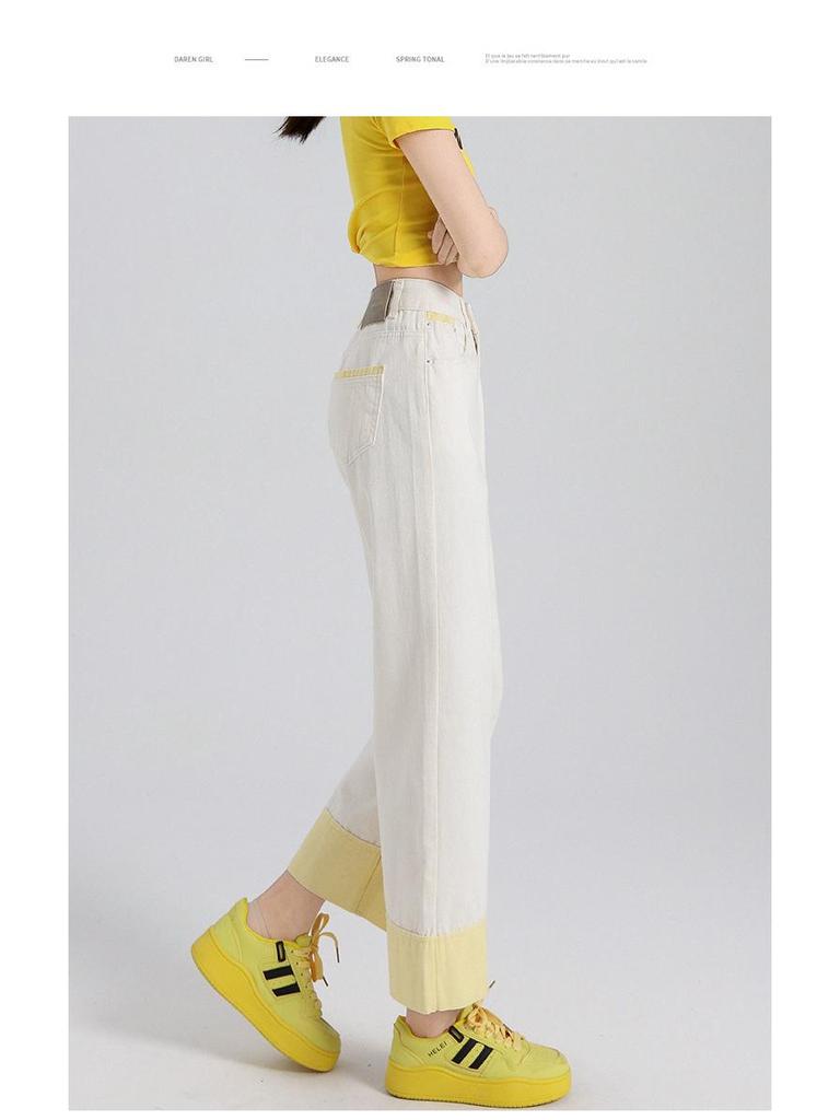 Rolled Cuff Contrast Wide-Leg Petite Jeans - Women's Spring/Summer Grandma Style, Loose Fit, 7/8 Length.