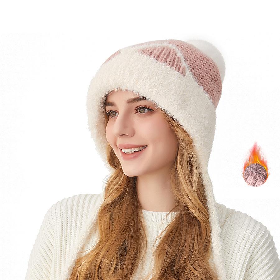 Knitted Hat Women's Autumn Winter Cartoon Cat Ears Elastic Wool Hat Three Hair Balls Ear Protection Wool Hat