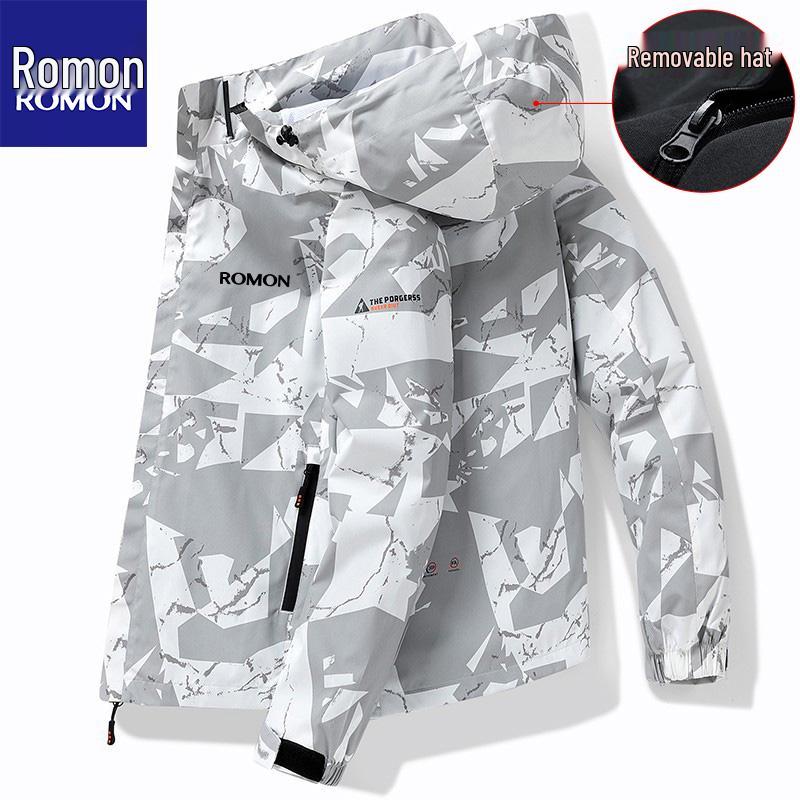Romon Herren Camouflage Fleecegefütterter Kapuzen-Wasserabweisender Windbreaker Parka