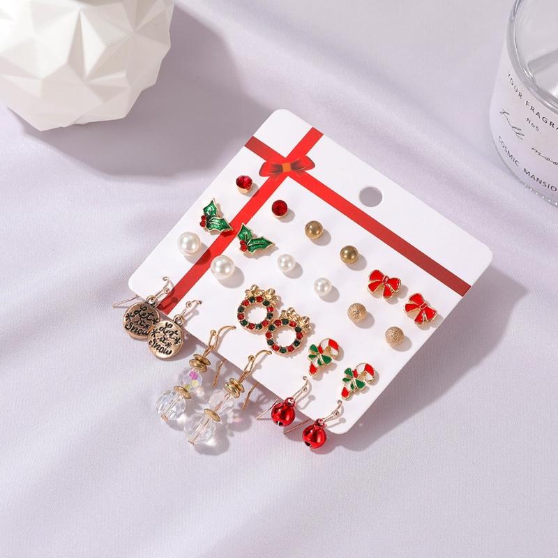 12 Pairs Christmas Earrings Santa Claus Pendants Gift Ornaments Ear Gift Christmas Earrings Set Bow Knot/Bell/Snowflake