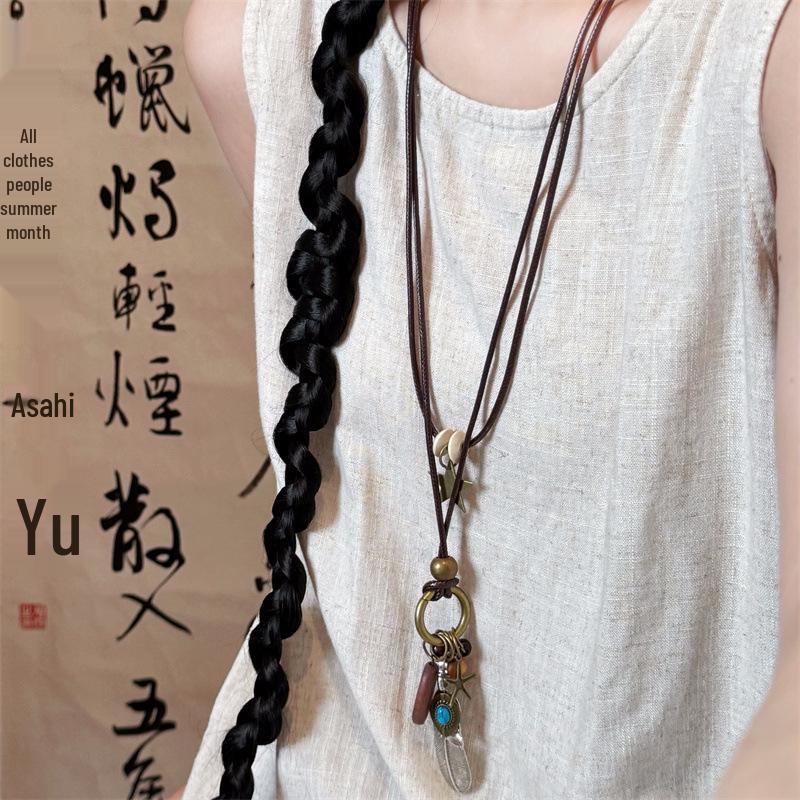 Women's Double Layer Retro Ethnic Beaded Zen Necklace with Feather Pendant