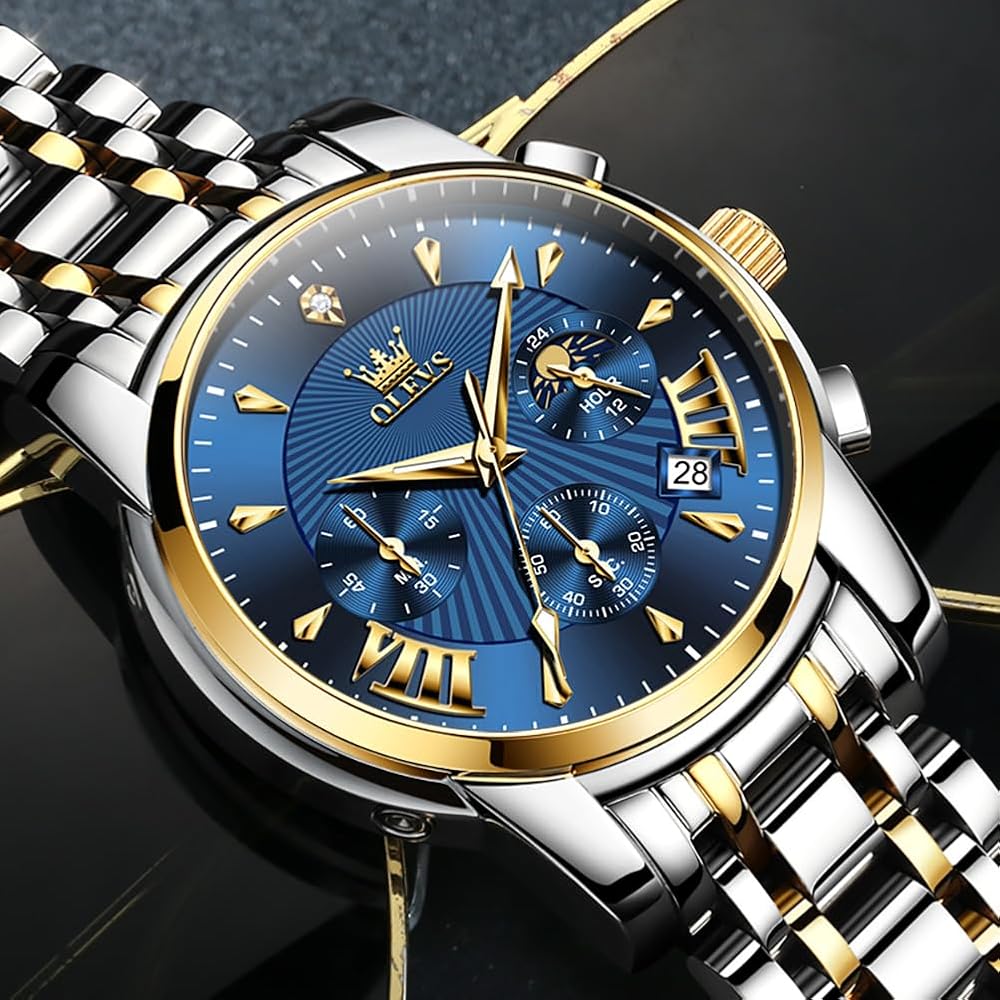 OLEVS Men's Chronograph Watch Blue Analog Waterproof Quartz Business Style Large Display