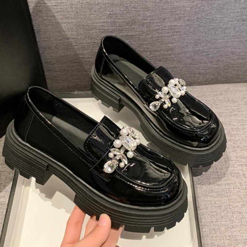 Spring Chunky Single Shoes Women Fashion Round Head Deep Mouth Crystal Buckle Set Foot Soft Sole Mid-Heel Shoes