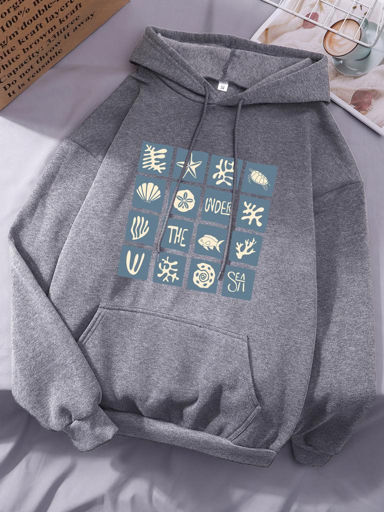 Under The Sea Printing Hoodie Womens Comfortable Loose Pullovers Basics Sporty Sweatshirts Winter Fleece Warm Woman Sportswear