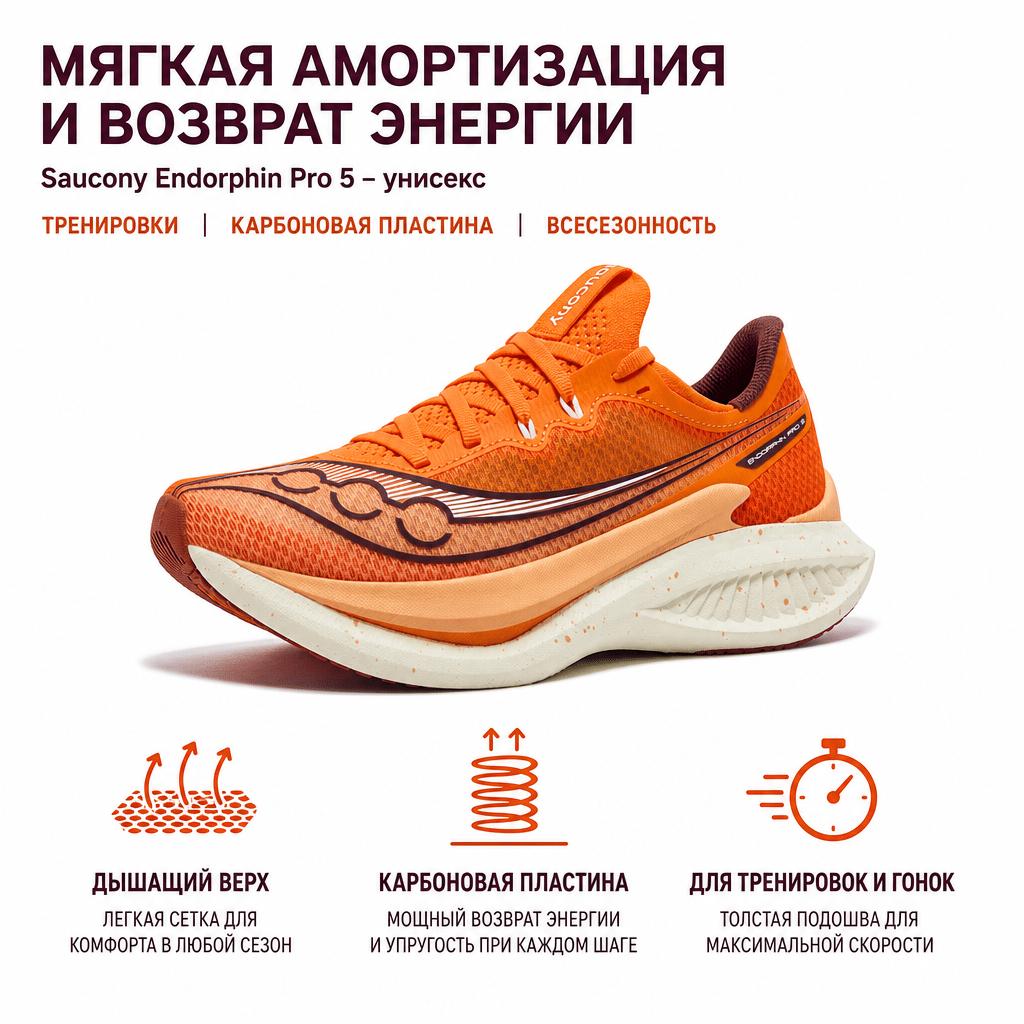 SAUCONY Endorphin Pro 5 Comfortable Soft Resilient Carbon Plate Training Racing Running Shoes Unisex Running Shoes Orange S31064-500