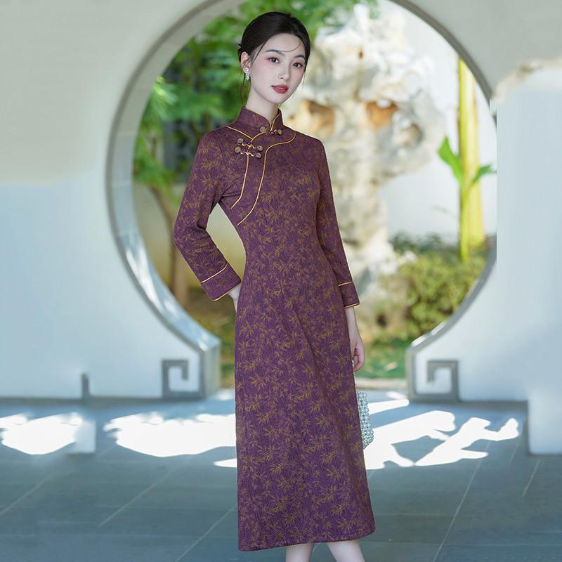 Elegant Purple Modern Chinese-Inspired Long Sleeve Dress Women Winter Vintage Style