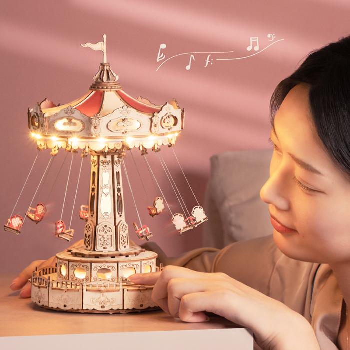 ROBOTIME ROKR 3D Puzzles for Adults-Projects for Teens-LED Swing Ride Model Building Kit-Music Box DIY Kit-Gift for Teens and Adults
