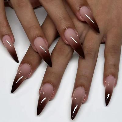 Uñas postizas de color café, sencillas, con cambio gradual, desmontables, estilo europeo y americano, 24 unidades