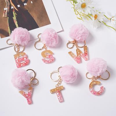 Portachiavi Carino Pompom Rosa Palla di Pelliccia 26 Lettere Portachiavi Resina Portachiavi Ciondoli Borsa Per Donna Ornamenti Accessori Regalo