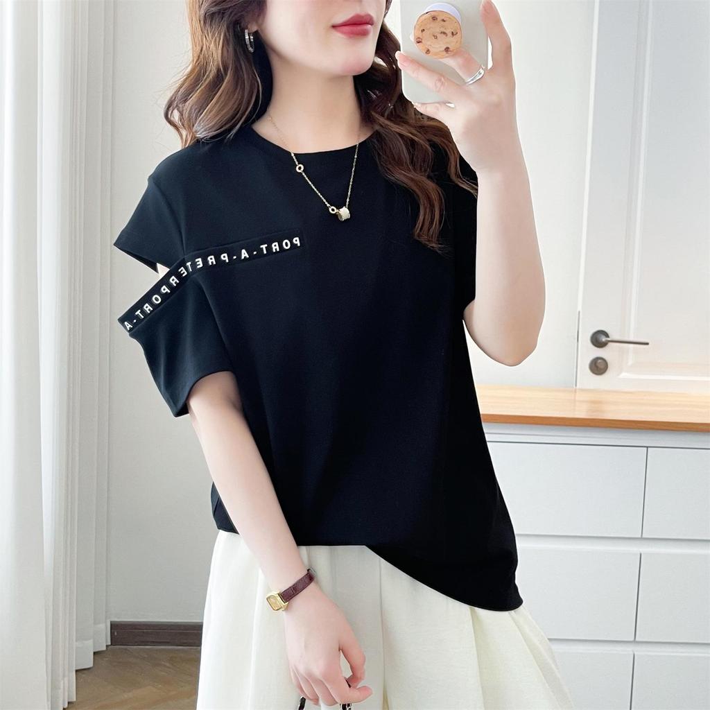 2025 Plus Size Women's Cotton Short Sleeve T-Shirt with Design Print - Slimming & Ripped Style for Summer