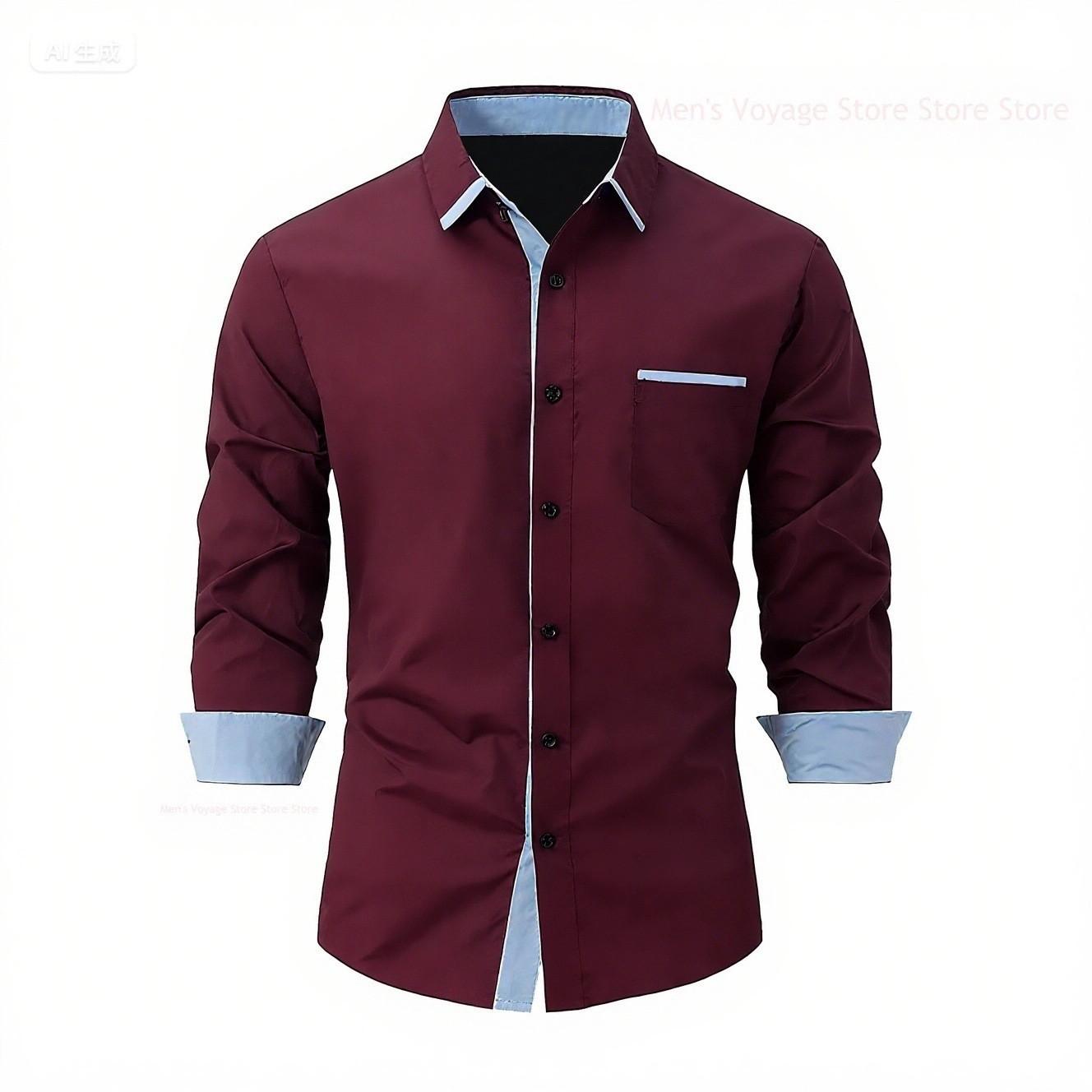 

2025 Fashionable Men s Four-Way Stretch Men s Shirt Color Block Business Slim Long Sleeve High-End Shirt S червоний