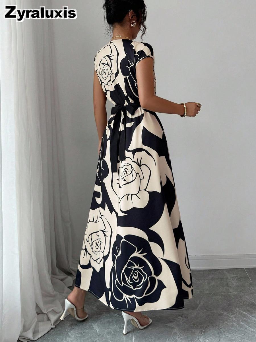 Women s V-Neck Color Block Printed Wrap Dress Elegant Summer Batwing Sleeve Long Dress S