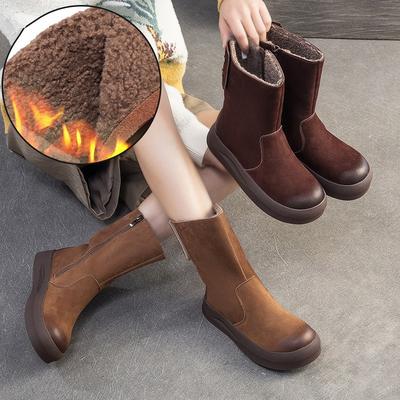 Wadenhohe Stiefel Plüsch Warm Echtes Leder Baumwollstiefel Retro Vielseitig Damen Schuhe