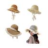 Women Beach Hat Large Eaves UV Blocking Foldable Portable Handmade Straw Hollow Sun Protection Hat with Lace Ties