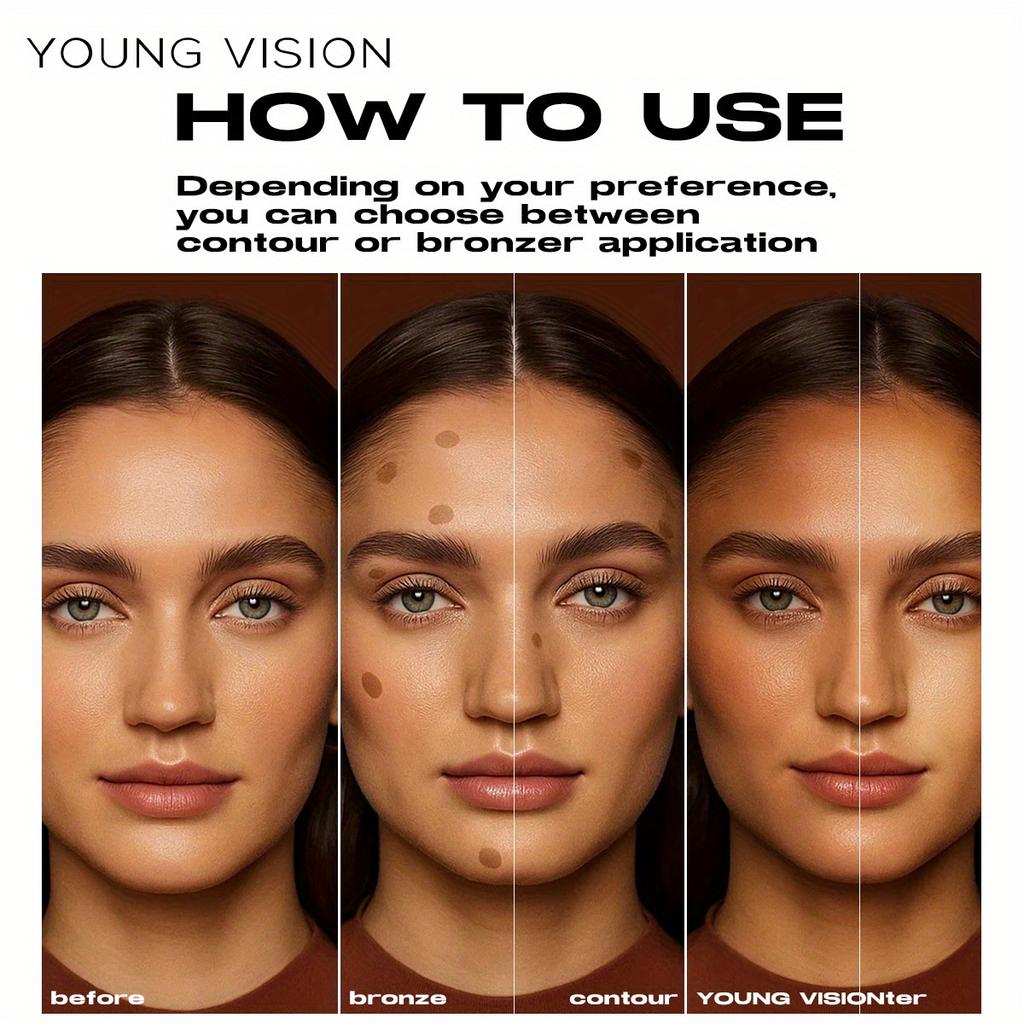 YOUNG VISION 4-Color Liquid Contour & Bronzer Kit with Multi-Functional Horseshoe-Shaped Brush Head - Highly Pigmented, Buildable, Long-Lasting,