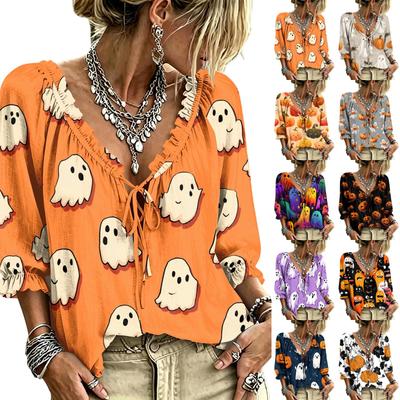 Women's Halloween Print V-Neck Blouse with Tie Front and
