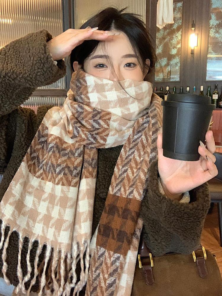 Knitted Retro Scarf Headscarf Winter Women Men Houndstooth Tassel Warm Scarve Pashmina Mujer Femme Male Thick Wrap Shawl Unisex