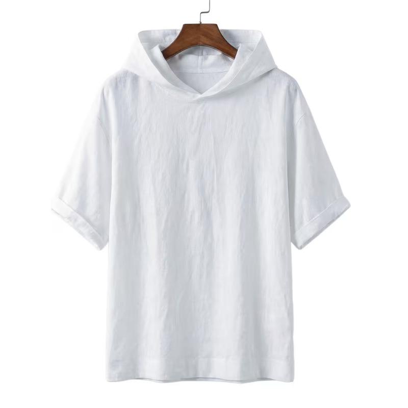Mens Linen Hooded Short Sleeve T Shirt Loose Fit For Beach Vacation