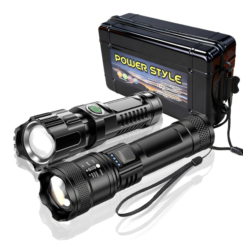 Hohe Starke Leistung LED Taschenlampen 2000LM Taktische Taschenlampe mit Displaylicht USB-Aufladung Camping Angeln Notfall Zoom Laterne