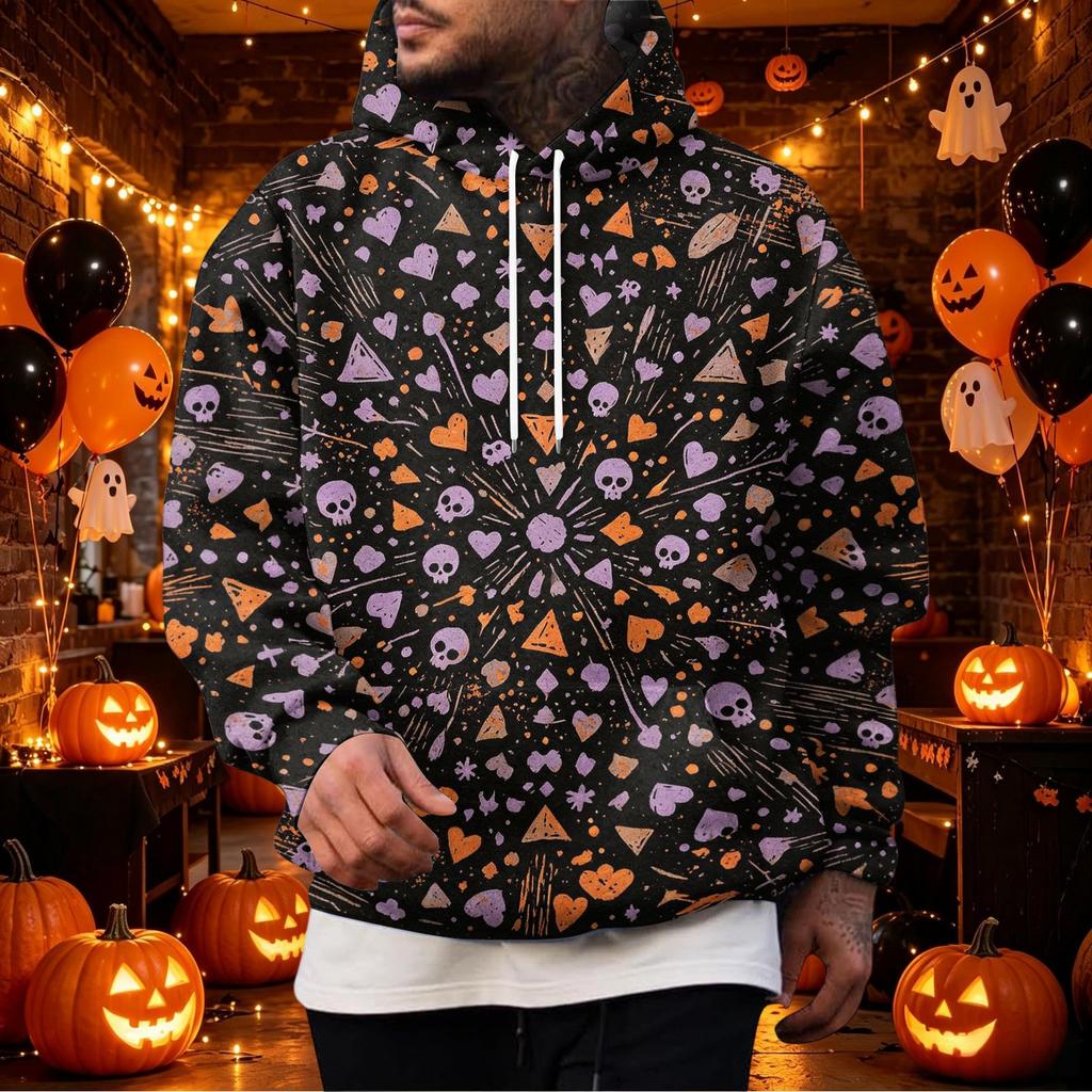 Men's Halloween Print Pullover Hoodie with Single Pocket for Holiday Celebration