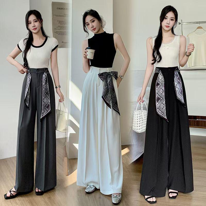 2025 Summer Women's Silk Scarf Print High-Waisted Wide-Leg Drape Pants - Fashionable Floor-Length Casual Trousers