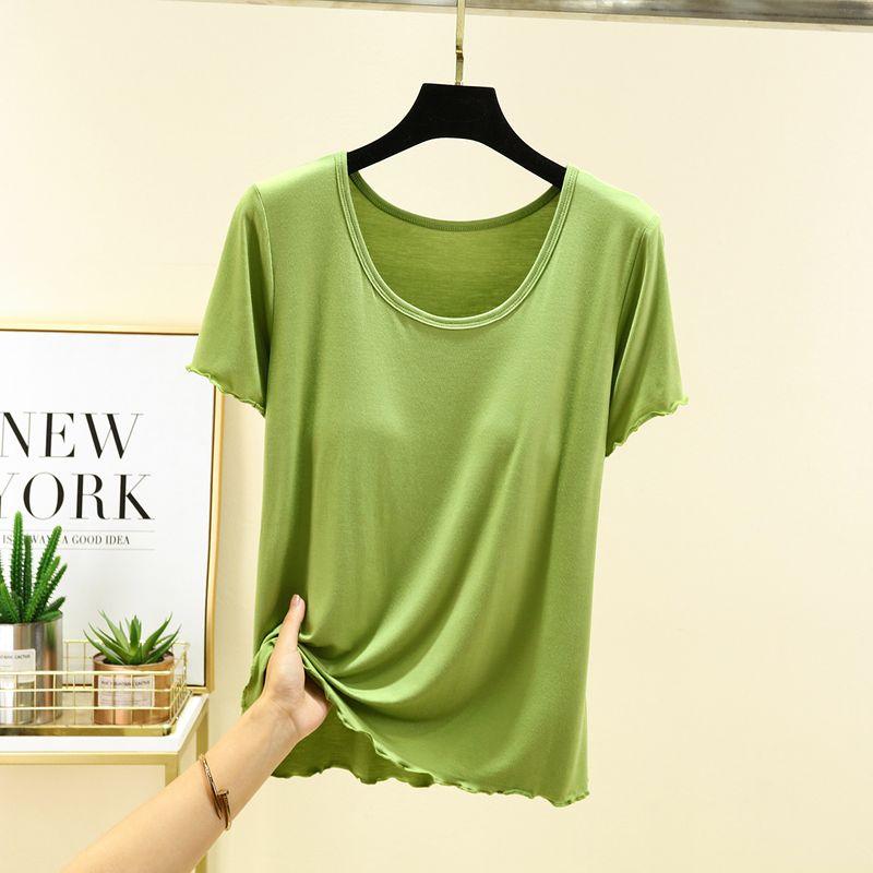 

Modal Short-Sleeved Women s T-shirt with Chest Pad Summer Thin round Neck Tops Casual Plus Size Wear-Free Bra Bottoming Shirt Avocado Green L (recommended 50.00 kg-60.00 kg