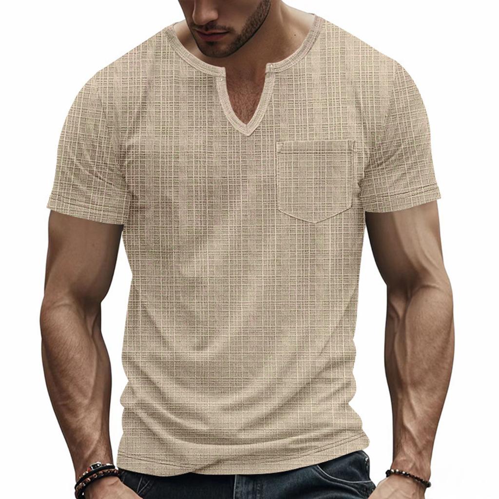 Men’s Short Sleeve Henley T Shirt with Chest Pocket Casual Lightweight Textured Fabric Notched Neckline Top