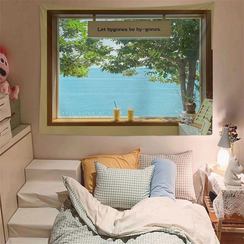 

Fake Window Scenery Tapestry Polyester Aesthetic Wall Hanging for Bedroom Dorm Fake Window View Coastal Forest Decor 74x94cm(29x37in)