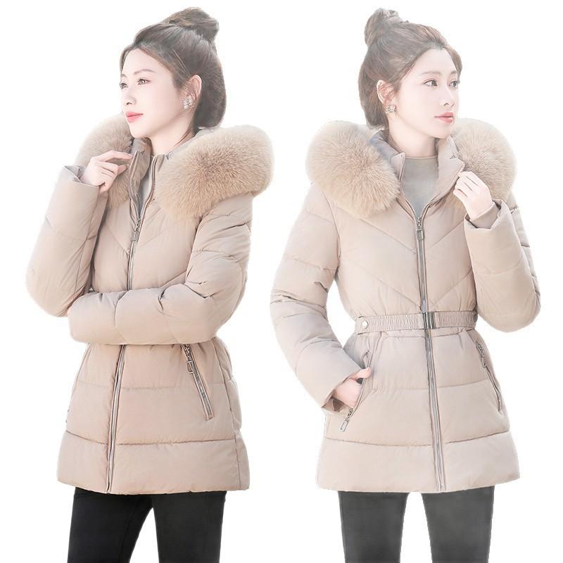 Winter thickened slim-fitting cotton-padded clothes New fashion fur collar polyester cotton-padded jacket Women's cotton-padded clothes Warm black