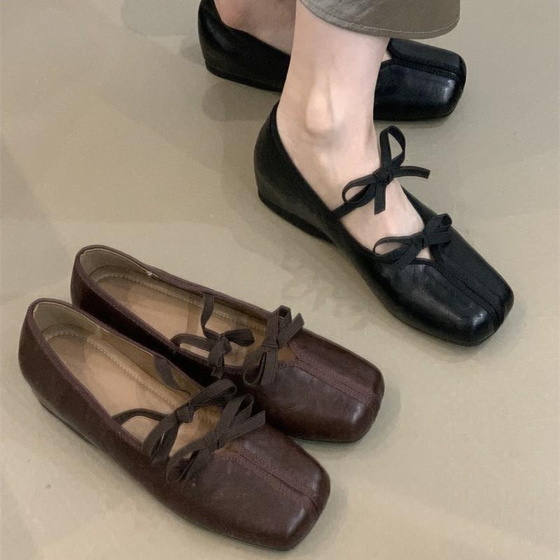 Retro Mary Jane Shoes Women's 2025 New French Temperament Double Bow Square Head Shallow Mouth Inner Height Increase Evening Shoes