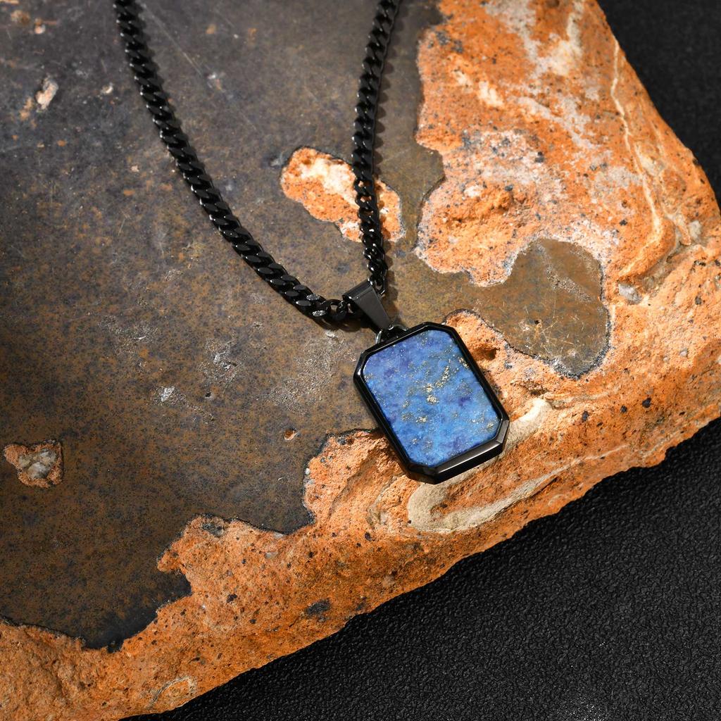 Stainless Steel Rectangle Natural Stone Pendant Necklaces, Minimalist Dainty Chain Necklace, Luxury Fashion Jewelry For Men Gift
