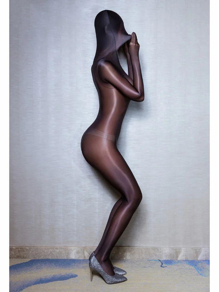 M XL Glänzender Nylon Catsuit Mit Kapuze Eingefasste Hände Zentai Bodystocking Offener Schritt Bodysuit Strumpfhose Sexy Leotard Anzug Body