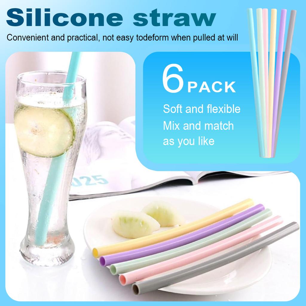 Leeseph Reusable Silicone Drinking Straws, Long Straight Flexible Silicone Drinking Straws with Cleaning Brushes for 6 Pieces