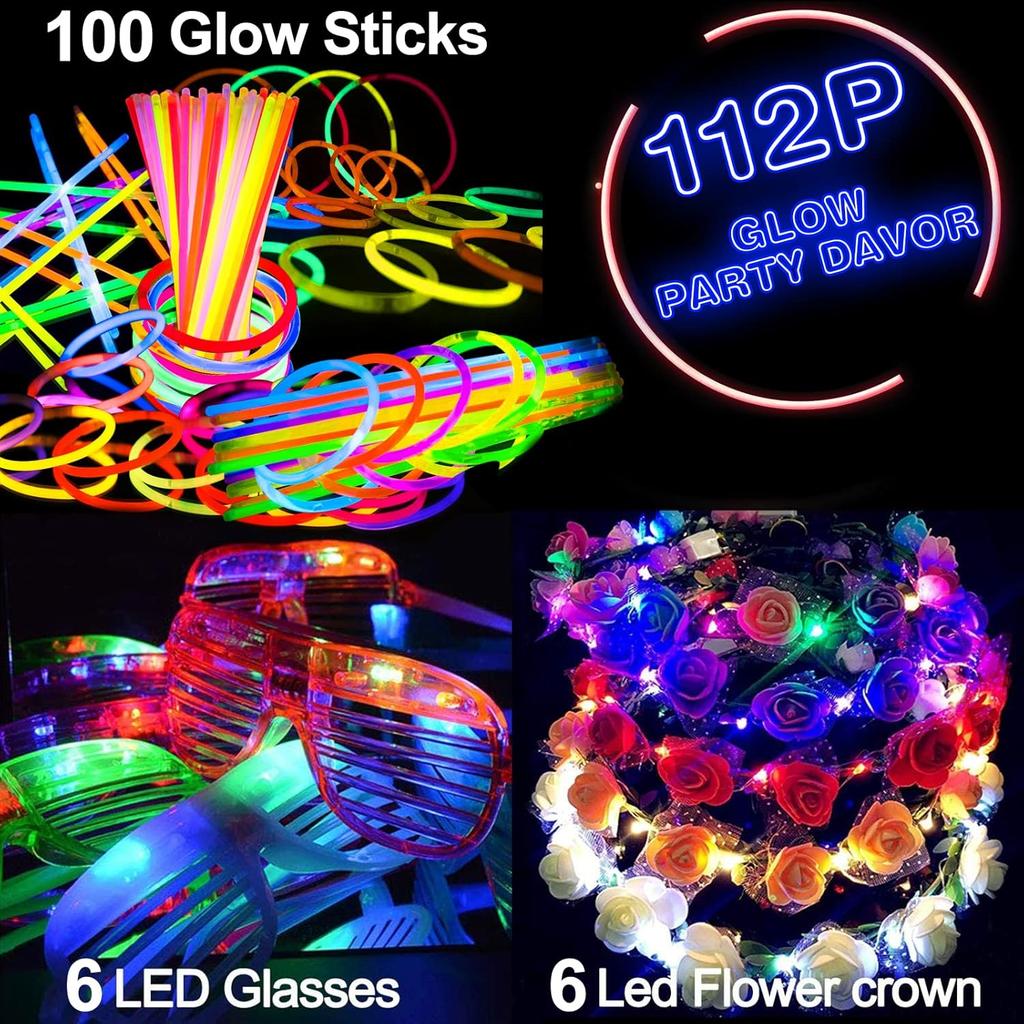112 Pcs New Years Eve Glow in The Dark Party Supplies 2025, Glow Sticks Bulk LED Neon Party Favor Light Up Toys Gifts Kids Adult 100 Glow Sticks