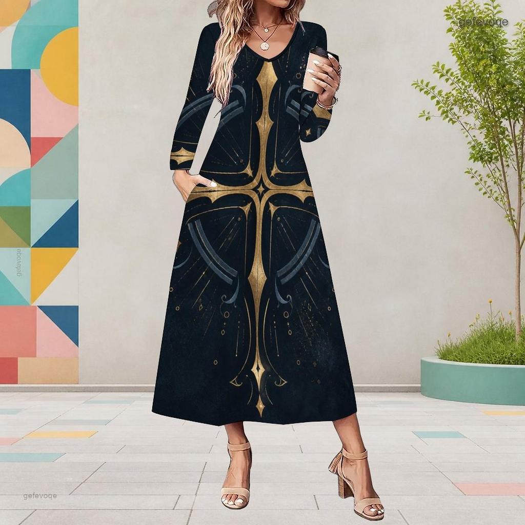Women Plus Size V Neck Long Sleeve Star Swirl Print A Line Midi Dress With Pockets