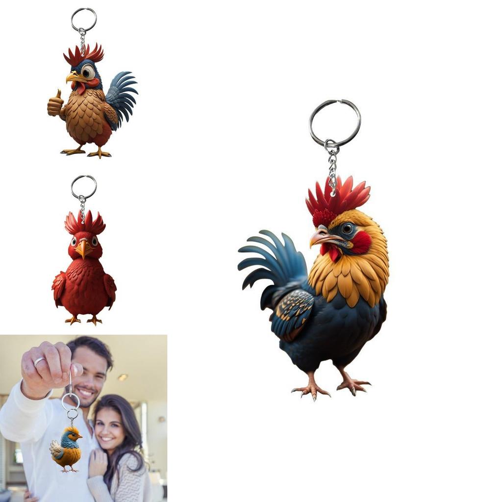 Cartoon Christmas Chicken Keychain Key Ring Pendant Acrylic Car Backpack Accessory Birthday Gift