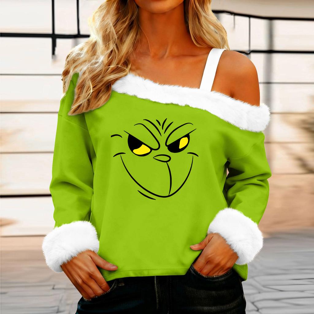 Women's Casual Fashion Sexy Off-Shoulder Collar Christmas Pattern Long Sleeve Crewneck T-Shirt Top
