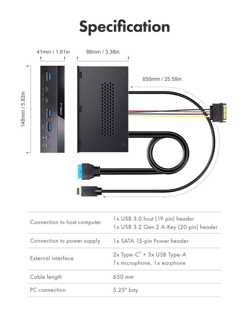 Ineo 5,25palcový PC Multi-přední panel USB 3.2 Gen2 Hub pro přední držák počítačové skříně, vyžaduje napájecí konektor SATA (2x10G USBC, 2x10G USBA, 1x