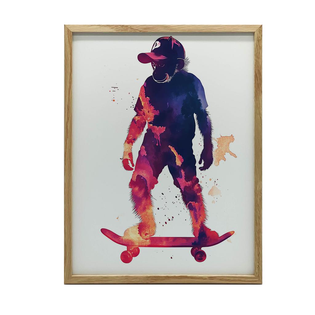 Poster Monkey On a Skateboard Poster Monkey On a Skateboard, 50X70 Cm, Dark Brown Wooden Frame, 230 Gsm Matte Paper