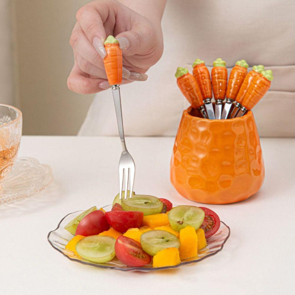 Pineapple Carrot Ceramic Fruit Forks Set Ins Style Creative Dessert Forks with Storage Jar Home Decoration Household