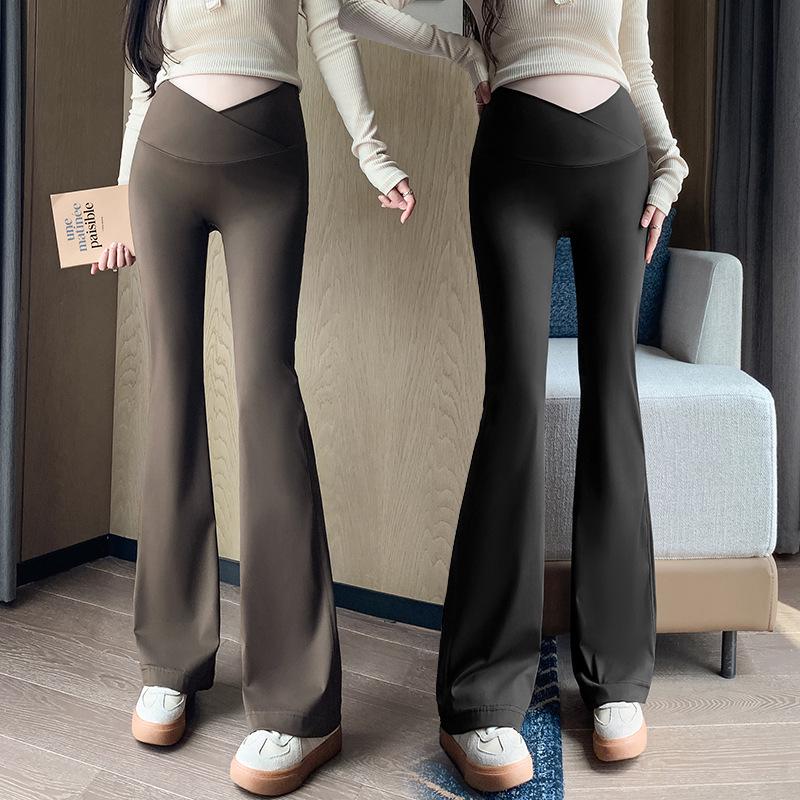 2026 Spring Maternity Low Waist Flare Pants - Elastic Slimming Shark Print Long Pants L