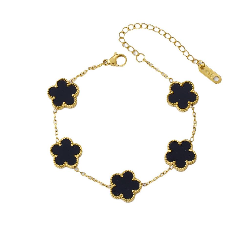 18K Gold-Plated Stainless Steel Five-Leaf Clover Bracelet with Mother-of-Pearl for Women