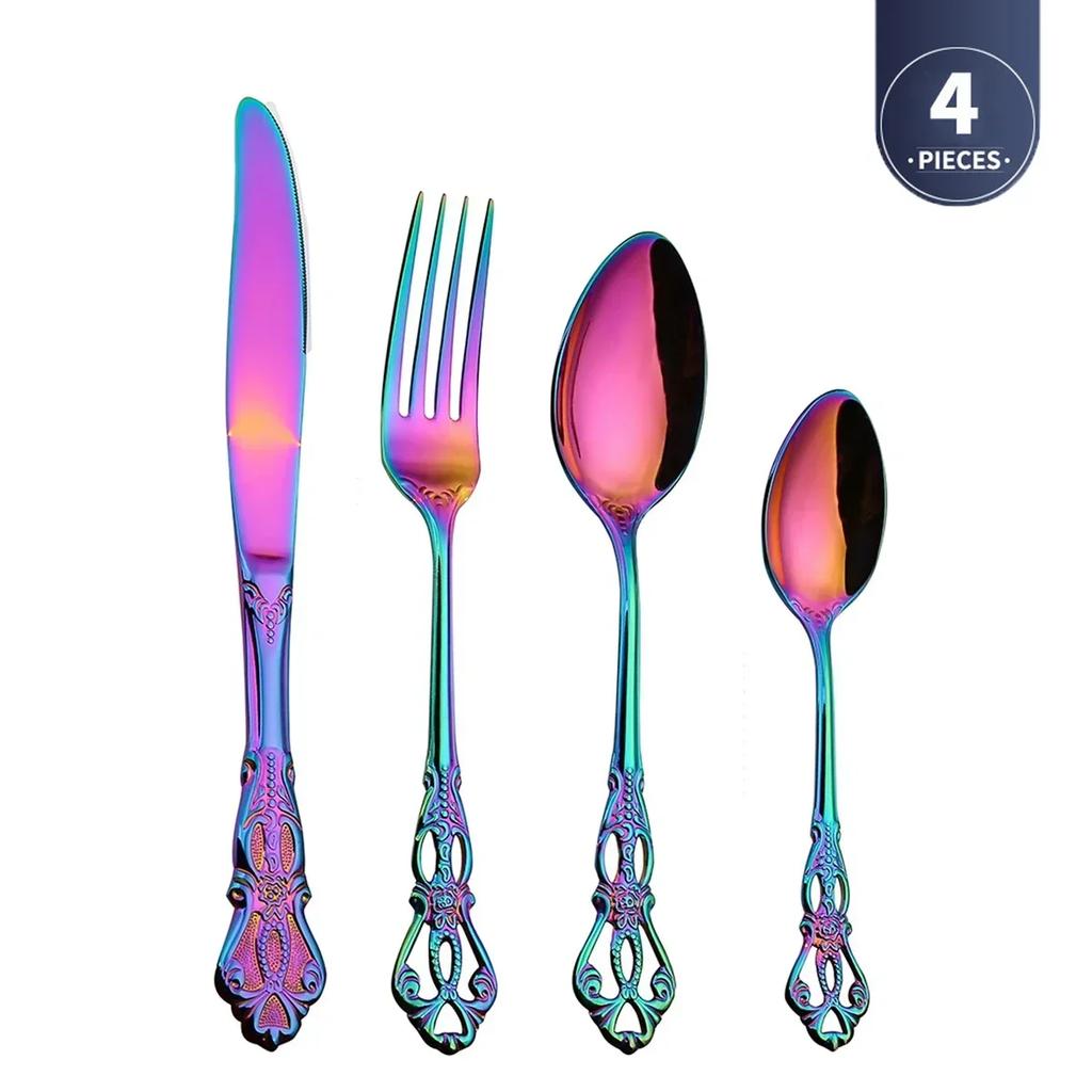 4pcs Gold Stainless Steel Cutlery Set Royal European Spoon Fork And Steak Knife Retro Hollow Design Dinnerware Luxury Tableware