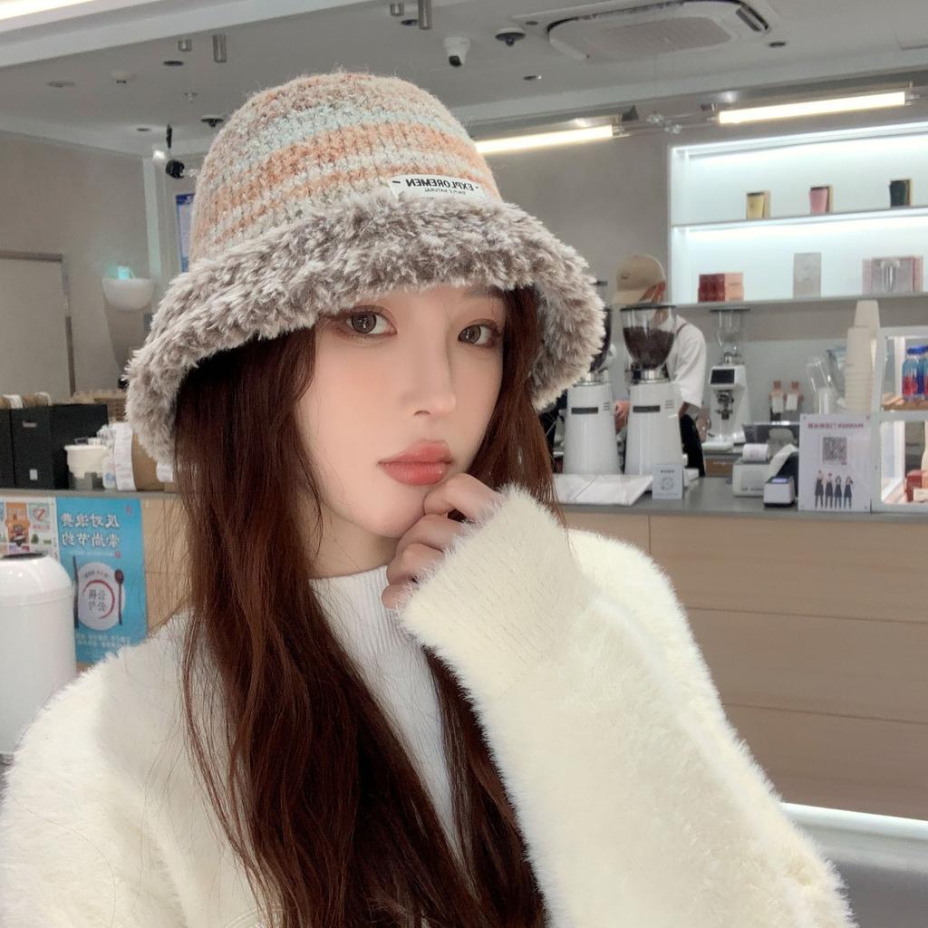 Women's Winter Warm Plush Knitted Wool Hat Korean Style Trendy Striped Face Small Windproof Versatile Basin Hat