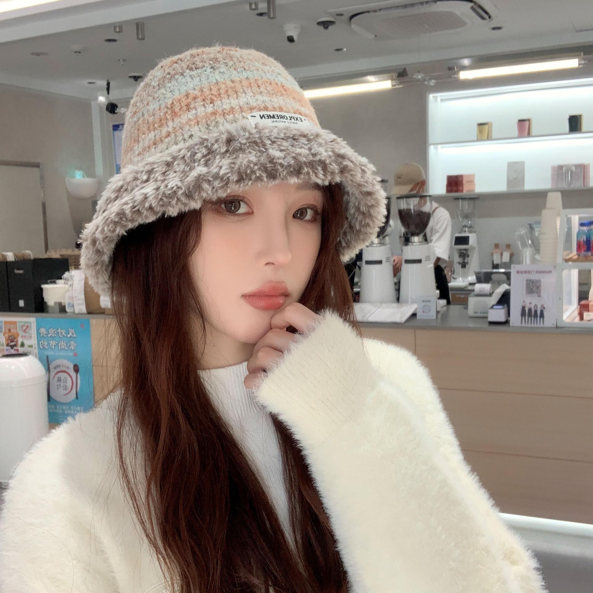 Lady ColdSeason Warm Plush Knitted Wool Hat Korean Style Trendy Striped Face Small Windproof Versatile Basin Hat