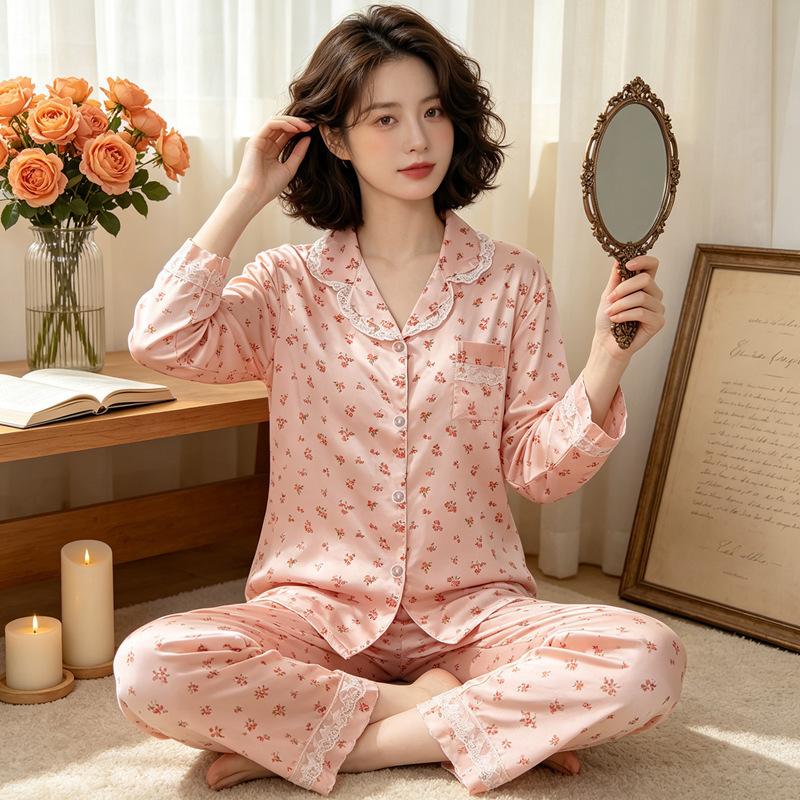 Sweet and high-value butterfly print ice silk pajamas women's ins loungewear long-sleeved trousers two-piece set