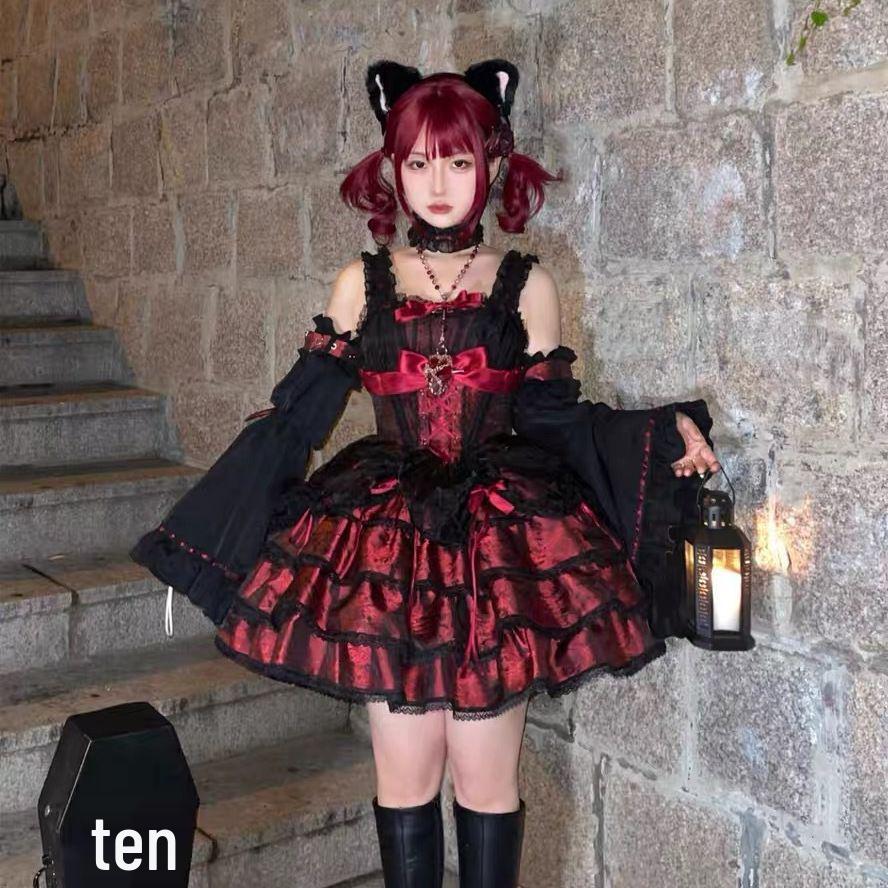 In-Stock Rose Butler Black & Red Strappy Lolita JSK Dress - Cute Two-Dimensional Sweet & Spicy Cosplay Outfit